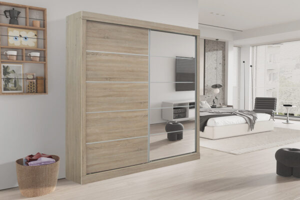 Rousseau - Armoire Mike 2 portes coulissantes, 1 porte miroir Sonoma - 197,5x182,5x52,5 cm